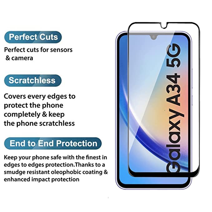 Image of ZARALA Tempered Glass Screen Protector Compatible for Samsung Galaxy A34 (Black) with Edge to Edge Coverage and Easy Installation kit