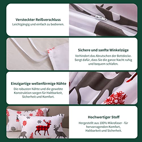 MILDLY Weihnachts-Bettwäsche-Set – Kinder-Weihnachtsfeiertags-Bettwäsche-Set mit Aufdruck – Mädchen, Jungen, Teenager, Schneeflocke, Elch, Rentier, Hirsch, Heimdekoration, Tagesdecke – Rot und Weiß - Image 7