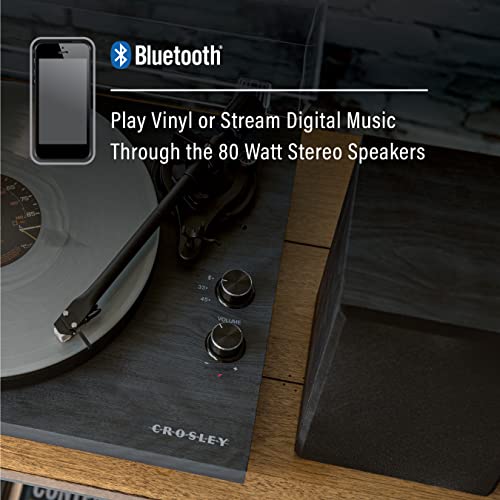 Image of Crosley C62C-BK Record Player with Speakers, Black | 2-Speed Turntable, ATN3600L Audio-Technica Cartridge, Standard 1 /2 inch Mount, Bluetooth In, Matching External Speakers