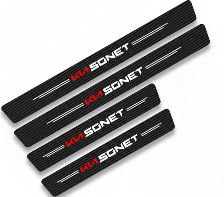 Car Door Carbon Fibre Wrap Sill Anti-Scratch Guard Protector Black Carbon and White Logo 4 pcs Front and Rear for Kia Sonet-image-4