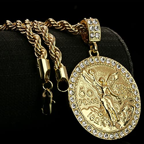 Hip Hop Centenario 50 Pesos Pendant Iced Cubic Zirconia 4mm 24" Rope Chain 14k Gold Plated Necklace2