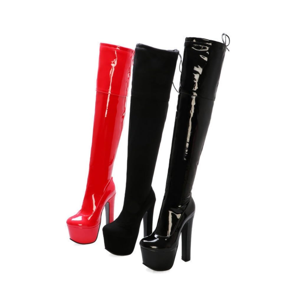 Knee High Gogo Boots for Women Girl Ravers - Cute Slip On Wide Mid Calf Leather Platform Pumps