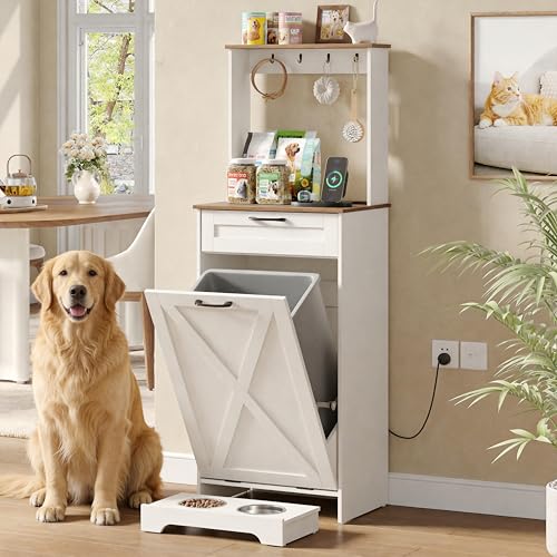 Halitaa Tilt Out Trash Can Cabinet with Dog Bowl and Drawer 13 Gallons Hidden Trash Cabinet with Charging Station Storage Hutch with Hooks for Kitchen Living Room