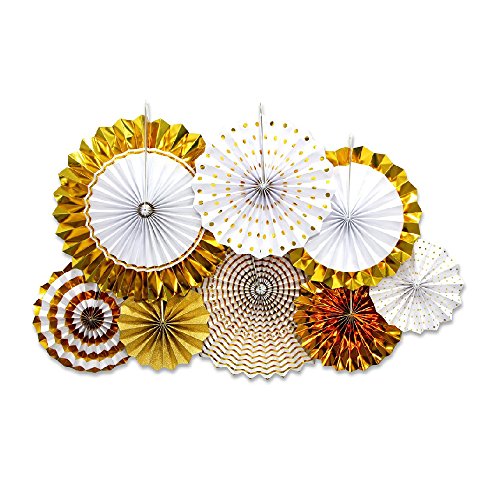 GOLF 8Pcs Gold Paper Fans Flower Hanging Banner for Birthday Wedding Engagement Bridal Shower Baby Shower Bachelorette Holiday Celebration Party Decorations
