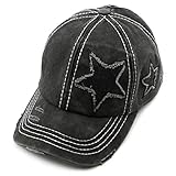 C.C Exclusives Hatsandscarf Washed Distressed Cotton Denim Ponytail Hat Adjustable Baseball Cap (BT-14) (Black Glitter Stars)