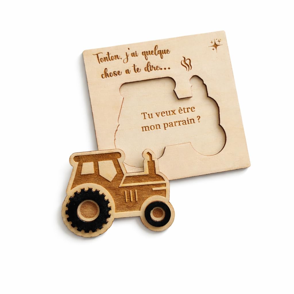 Générique Coffret pour Tonton Demande Marraine ou Parrain Personnalisé en Bois – Carte Surprise Baptême Forme Tracteur - Annonce bébé Parrain et Marraine Originale - Carte en Bois Annonce bébé