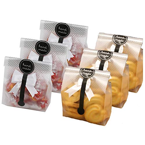 ALISSA 100 pcs./Pack Translucent Plastic Bags for Cookie,Cake,Chocolate,Candy,Snack Wrapping Good for Bakery Party with Stickers