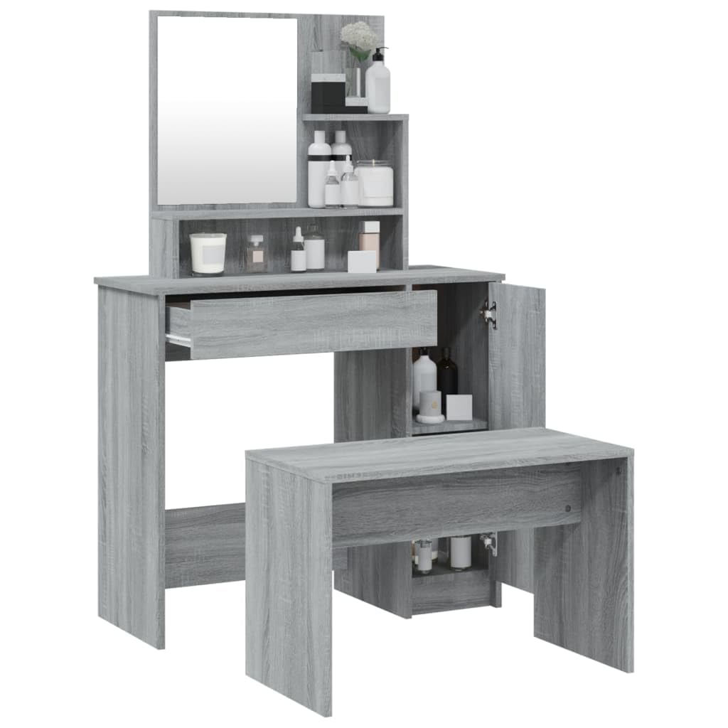 Schminktisch-Set Grau Sonoma 86,5x35x136 cm mit Hocker und Spiegel, moderner Holzwerkstoff-Schminktisch mit viel Stauraum für Make-up und Schmuck, ideal für Schlafzimmer