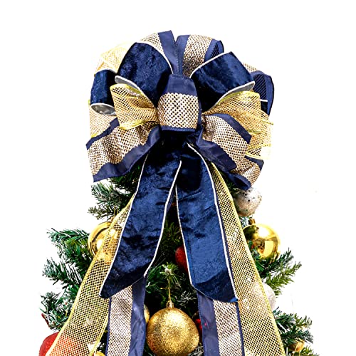 Blue Gold Christmas Tree Bow Topper - 33x13 Inches Large Gift Bow Handmade Decoration for Wreaths