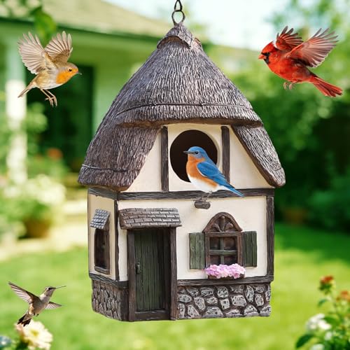 Bird Houses for Outside Cottage Birdhouse with Thatch Roof – Hand-Painted Resin Birdhouses for Outdoors for Bluebird Finches Cardinals Bird Nesting Garden, Patio, Yard