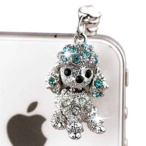 Cute Crystal Blue Poodle Dog Charm Cell Phone Dust Plug for iPhone Huawei iPad Mini iPad iPod Touch Samsung MI Android Phone with 3.5mm Earphone Jack IP483-B