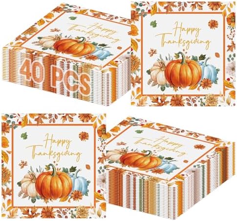40 Pcs Happy Thanksgiving Napkins - 6.5 Inch Fall Watercolor Paper Napkins, 3-ply Disposable Pumpkin Maple Leaf Cocktail Napkin Tableware Set for Autumn Thanksgiving Party Decorations Supplies Favors