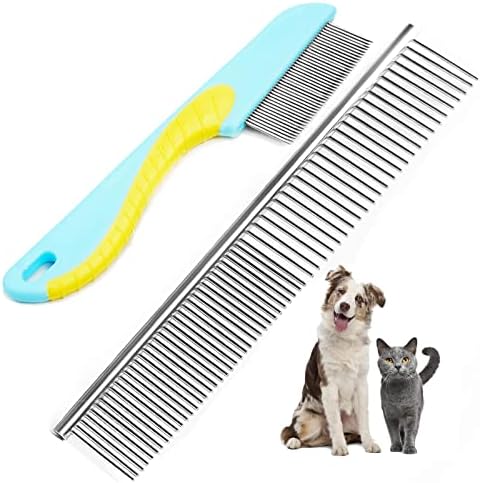 2 Pack Dog Combs, Premium Cat Comb for Removing Tangles, Knots and Floating Hair. Stainless Steel Dog Grooming Tools, Metal Flea Comb, Pet Combs with Rounded Teeth.