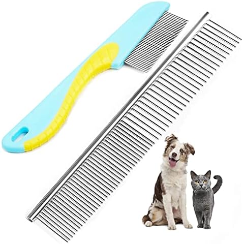 2 Pack Dog Combs, Premium Cat Comb for Removing Tangles, Knots and Floating Hair. Stainless Steel Dog Grooming Tools, Metal Flea Comb, Pet Combs with Rounded Teeth. Cover