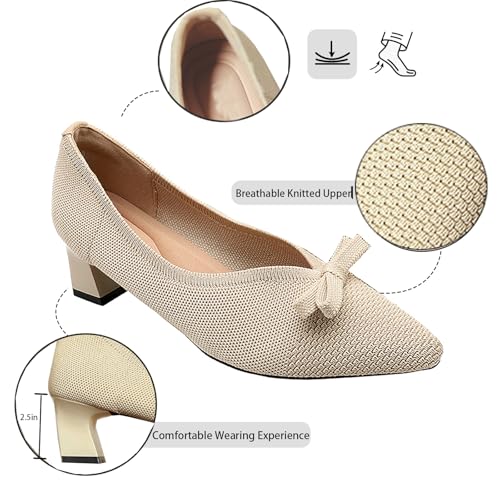 Women's Mesh Bow Low Chunky Heel Pumps Fashion Closed Pointed Toe Knit Slip-On Block Heels Dress Shoes for Wedding Party2