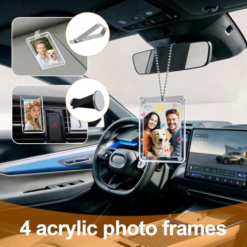 4 Fotohalter fürs Auto aus Acryl Set mit 4 Foto Magnete und Aufklebern für Sonnenblende Lüftung Rückspiegel Kühlschrank Kreative Auto Deko zum Anbringen Fotos Notizen Bilderrahmen Personalisiert