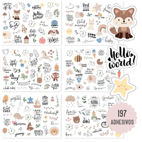 Pegatinas para Libro de bebé | 197 Pegatinas para Álbum de Fotos | Scrapbook Neutro | Para Niñas y Niños | Decoración en Tonos Pastel Eucalipto