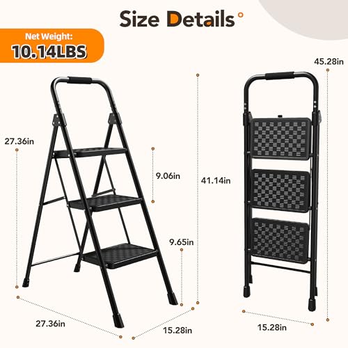 Image of HBTower 3 Step Ladder, Heavy Duty Step Stools for Adults, Safe-Lock Design & Handrail, Step Stool Foldable with Anti-Slip Pedal and Feet, Ladders for Home Kitchen Garage Outdoor, 330 Lbs, Black