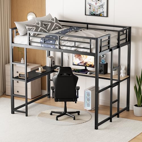 PVWIIK Full Size Loft Bed with L-Shaped Desk & 2
