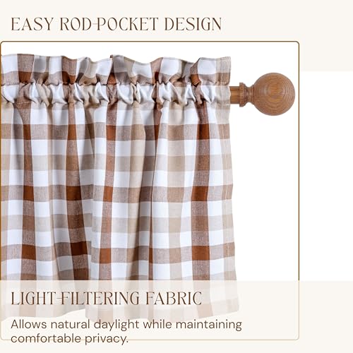 HEIRLOOM COMFORT Gingham Check Valance 54"x18" and Tiers 26"x36" Set - Semi Sheer Rod Pocket Curtains, Classic Farmhouse Plaid Window Treatments for Kitchen, Dining Room - Brown & Beige by HEIRLOOM COMFORT - Used condition - Image 4