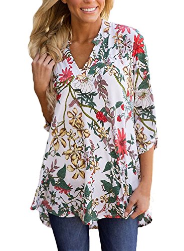 TrendiMax Women Casual Split V Neck Cuffed 3/4 Sleeve Floral Printed Blouses Tops (8 Floral Pattern) White