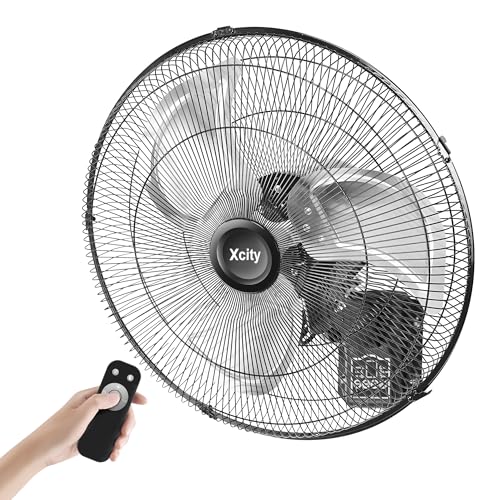 Xcity 20 Oscillating Wall Mount Fan with Remote Control, 90° Auto Oscillation & Timer, Industrial Grade with 3 Speeds, Digital Display, Quiet Wall Mounted Fan for Home Gym, Garage, Workshop