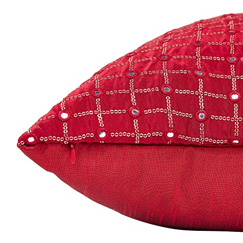 Image of Mirror Work Cushion Covers 20x20 Set of 2, Red Embroidered Silk Pillow Covers, Designer Pillows for Sofa with Sequin Embroidery