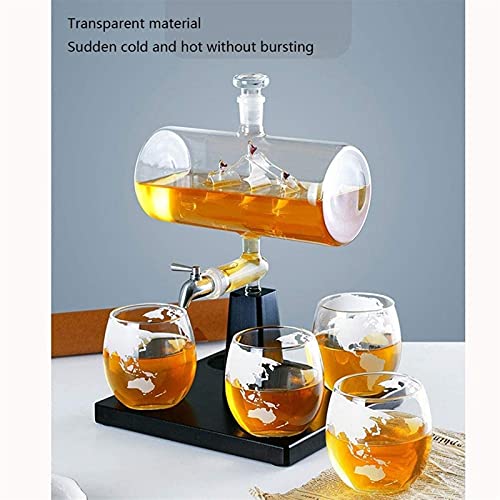 Decanter Plant zeilboot Decanter whisky fles met 4 geëtste globe whisky bril, en massief houten frame, voor scotch… - Image 6