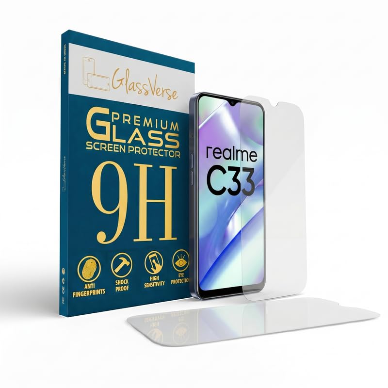 Image of GlassVerse PureView Tempered Glass for Realme C33 | Crystal Clear, 9H Hardness Screen Protector, Edge to Edge, Case Friendly, Hassle-less Installation Kit Included. (Pack of 2)