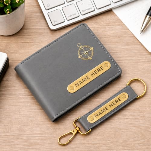 Image of Premium Customized Wallet & Keychain Combo for Men - Stylish Faux Leather Gift Set with Personalized Name & Charm - Ideal Birthday, Anniversary & Festival Present (Grey)