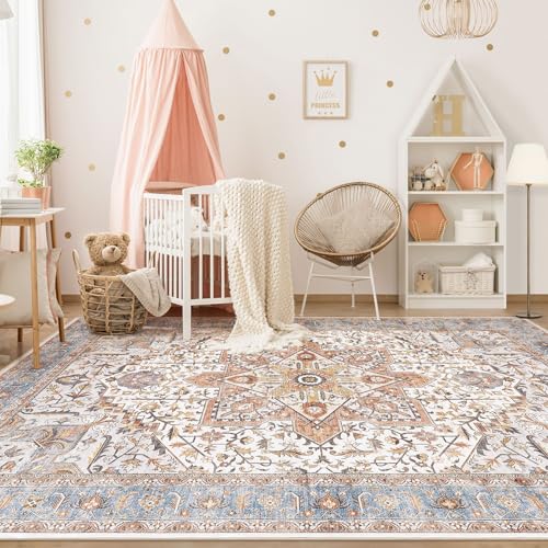 Tortania Area Rug Living Room Rugs - 9x12 Washable Boho Rug Vintage Oriental Distressed Farmhouse Large Thin Indoor Carpet for Living Room Bedroom Under Dining Table Home Office - Azure Orange