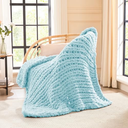 Image of L'AGRATY Chunky Knit Throw Blanket for Couch, 40 x 50 Inches, Light Blue
