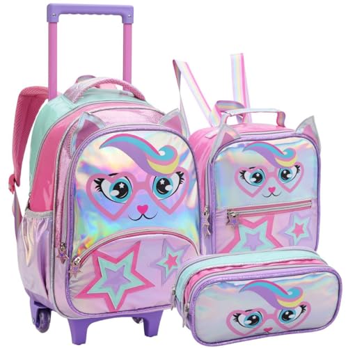 Kit Escolar Infantil 3 em 1 com Mochila de Rodinhas, Lancheira Térmica e Estojo Duplo Compartimento, Design Colorido, Material Reforçado (Kit Escolar Feminino)