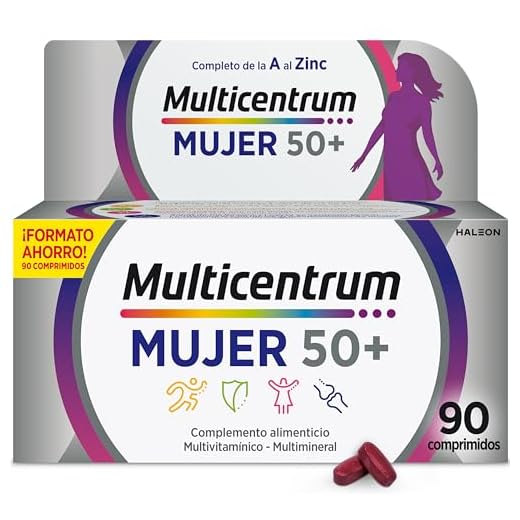 Multicentrum Mujer 50+ Complemento Alimenticio Multivitamínico y Multimineral para Mujeres 50+, Con Vitamina C y Zinc; Postmenopausia, Sin Gluten, 90 Comprimidos