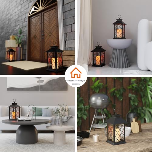 Image of 13.4 inch Lanterns Decorative Indoor, Black Lantern Decor with Timer Flickering Candle, Diamond-shaped Outdoor Lanterns, Waterproof Hanging Lantern for Patio, Porch, Entryway, Centerpieces, 2 Pack