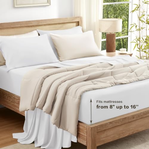 Image of Andency Sateen Sheets Set, 100% Viscose Derived from Bamboo, Hotel Luxury Silky & Cooling for Hot Sleepers, Deep Pocket Up to 16 inch, White Queen