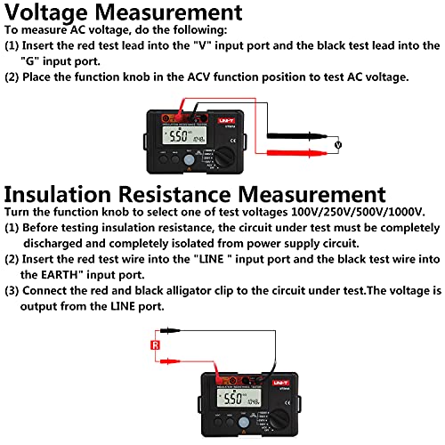 Uni-T NO Insulation Resistance Tester, Ohm Meter, 100V/250V/500V/1000V Voltmeter 0 To 5G Ohm Meter Megohmmeter, Ground Resistance Tester 2000 Counts Lcd Display With Backlight thumb #6