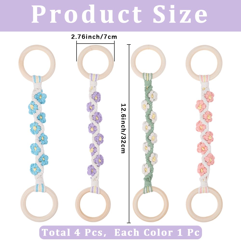 CREATCABIN 4Pcs 4 Colors Macrame Towel Holder Ring Kitchen Dish Towel Holder with Hanging Loop Wood Ring Cotton Daisy Flower Macrame Crochet Hanger for Oven Stove Door Bathroom Housewarming Gifts - Image 2