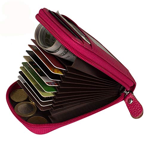 Image of Credit Card Case Organizer Genuine Leather Zip-Around Security Wallet Rose Red