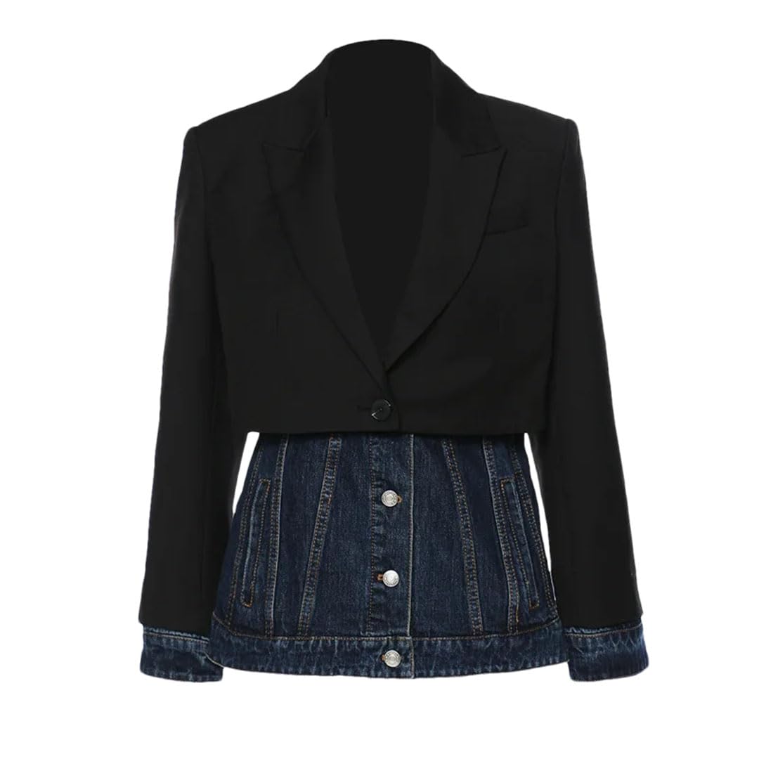 Womens Blazer Denim Patchwork Fake Two-Piece Jacket Color Matching Asymmetric Blazer