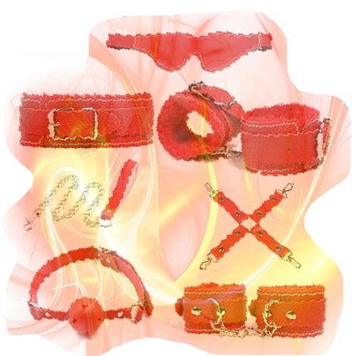 7 pcs Plush Leather Straps Kit for Couples, Multifunctional Protective Accessories for Party Games -HC05 (Red)