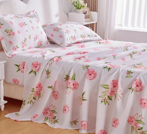 Image of Cozyholy Queen Sheet Set White Pink Floral Bed Sheets Set Cute Soft Microfiber Cooling Sheets 4 Pieces Queen Size Bed Set Wrinkle Free, 15 inch Deep Pocket Fitted Sheet, Flat Sheet, Pillowcases
