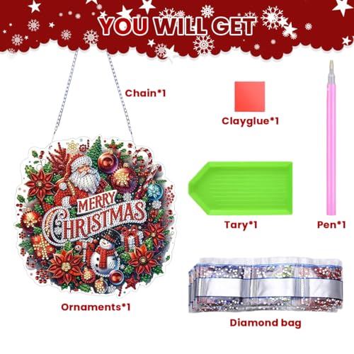 Image of HASTHIP Diamond Painting Kit Hanging Decor, Christmas Door Sign Hanging Decor, Shining Diamond Art Santa Claus Window Festive Ornament Christmas Gift 19x19cm