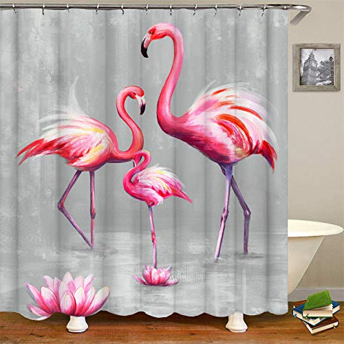 Rnnjoile Flamingo Shower Curtains For Bathroom Tropical Shower Curtain Pink And Gray Fabric Bathroom Decor With Hooks 72 Inchx72 Inch Inches thumb #4