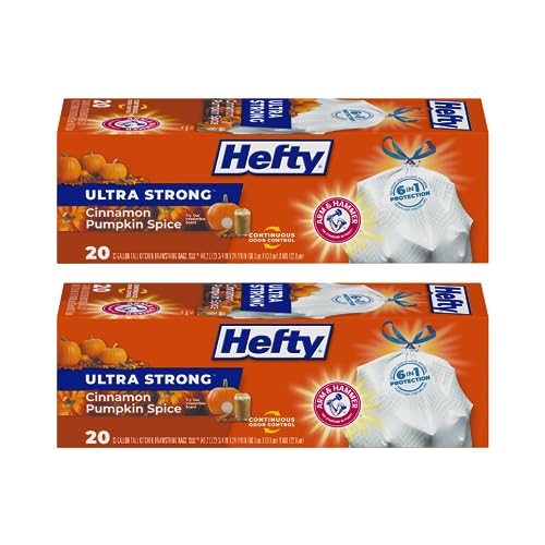 Hefty Ultra Strong Tall Kitchen Trash Bags, Cinnamon Pumpkin Spice Scent, 13 Gallon, 20 Count (Pack of 2)
