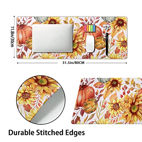 Image of Fall Pumpkin Sunflowers Mouse Pad XL Watercolor Retro Autumn Leaves Floral Extended Desk Mat Non-Slip Rubber Base Stitched Edge Large XL Thanksgiving Mousepad for Desk Gaming Laptop,31.5x11.8 in