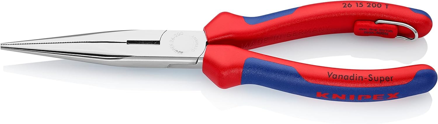 KNIPEX Flachrundzange mit Schneide (Storchschnabelzange) mit Mehrkomponenten-Hüllen, mit integrierter Befestigungsöse zum Anbringen einer Absturzsicherung verchromt 200 mm 26 15 200 T