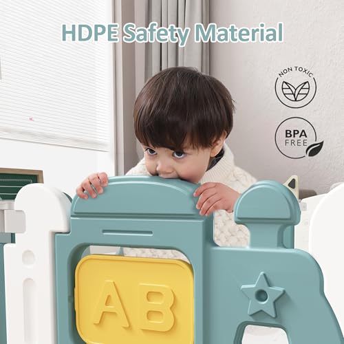Image of Dawnwake Assembly-Free 14 Panel Playard, Baby Playpen Fence with Crawling Mat and Football for Baby Upto 8 Years with Safety Locking Door & Drawing Board (150x150cm, Foldable) -Green