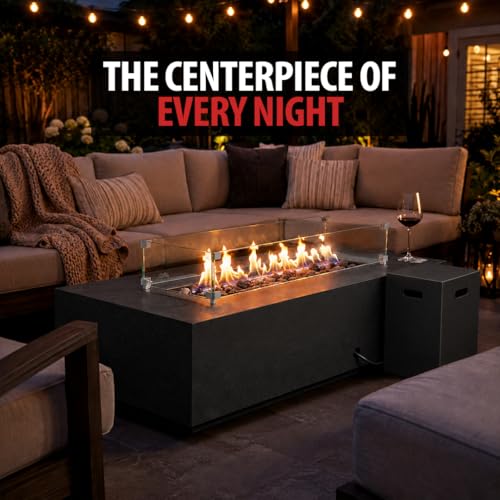 Image of AMS Creations | Chelsea 55 inches Rectangular Propane Gas Outdoor Fire Pit Table | Concrete GFRC Fire Pit Table | with SS Burner, Tank Cover, Canvas Cover, SS Lid, Lava Rock, and Wind Guard Included