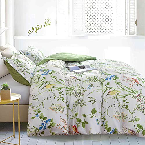 Nanko Queen Size Duvet Cover Set, Green Floral/Flower Leaf Bird Print Pattern, 3Pc 90X90 Microfiber Comforter Quilt Bedding Cover With Zip Ties - Spring Modern Farmhouse For Men And Women Teen Girl #TOP3